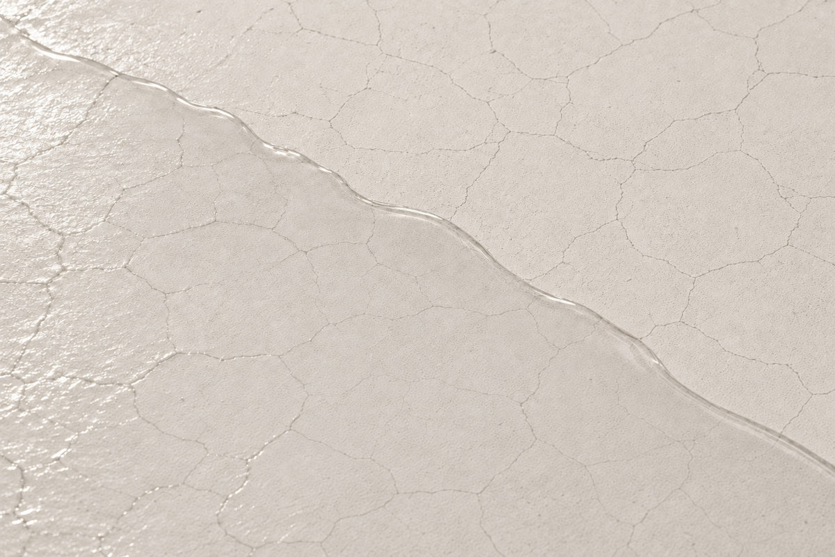 A thin clear oil spreading across a matte cement surface and filling a fine network of hairline cracks, with the cracks ahead of it still dry.